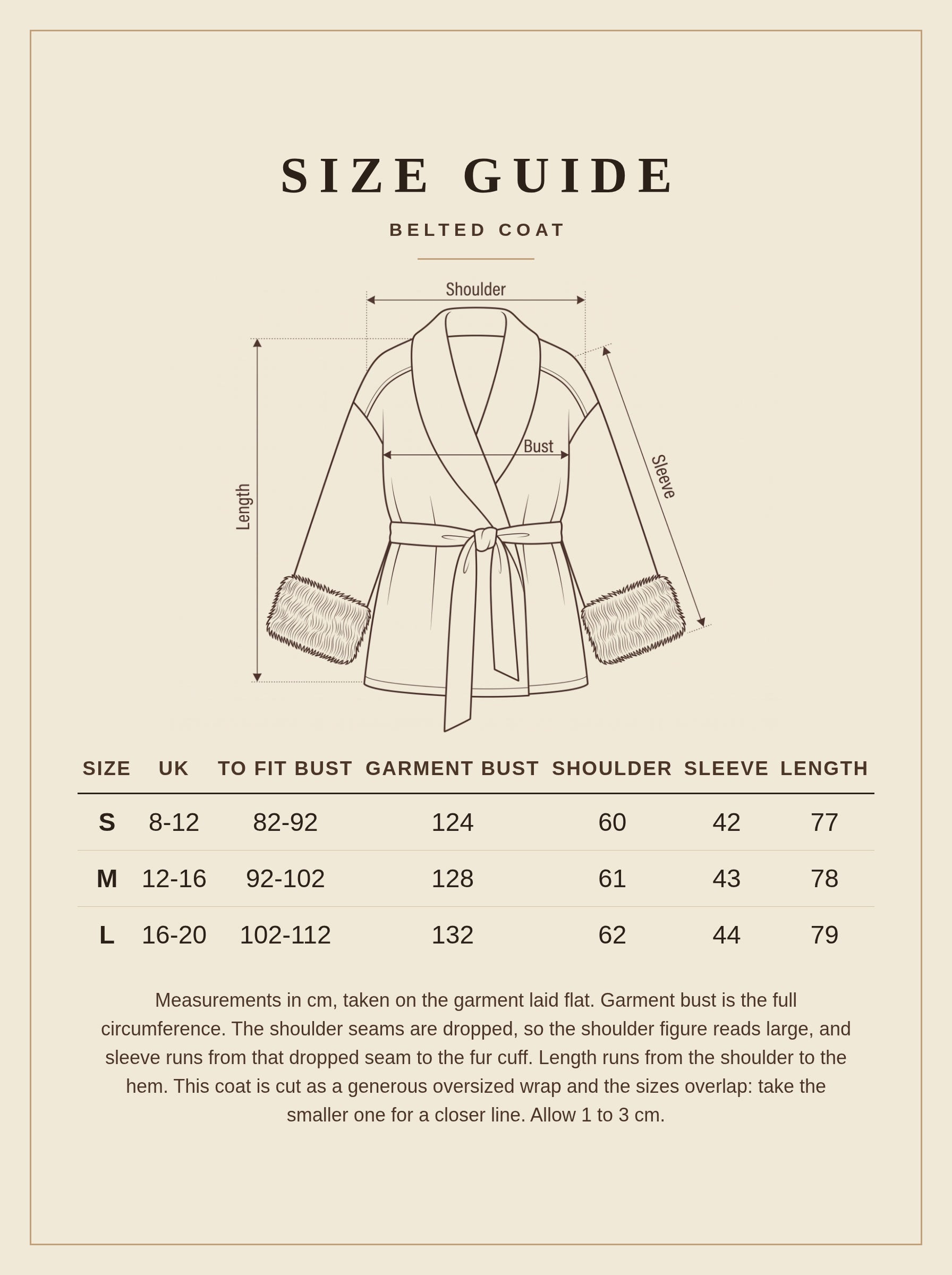 Size guide for the Wolferton belted coat with faux fur cuffs