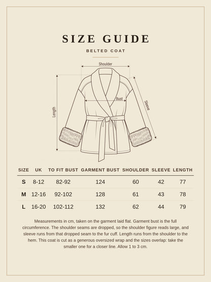 Size guide for the Wolferton belted coat with faux fur cuffs