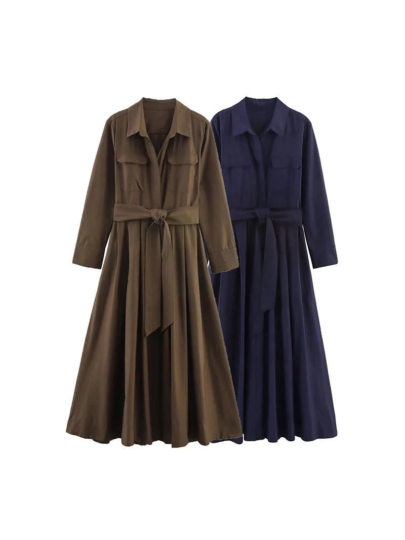 Belted midi shirt dress in walnut brown and navy
