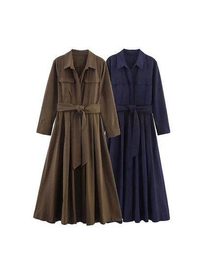 Belted midi shirt dress in walnut brown and navy