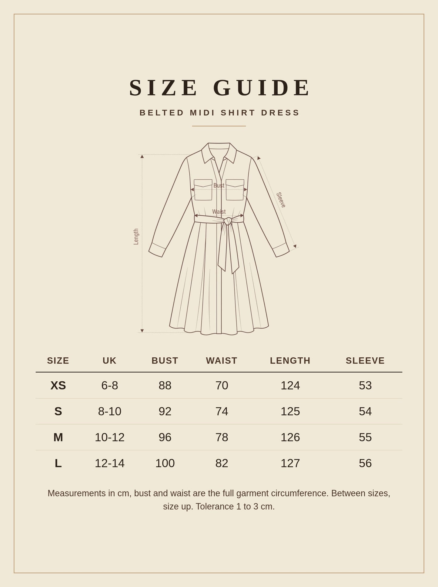 Size guide for the belted midi shirt dress