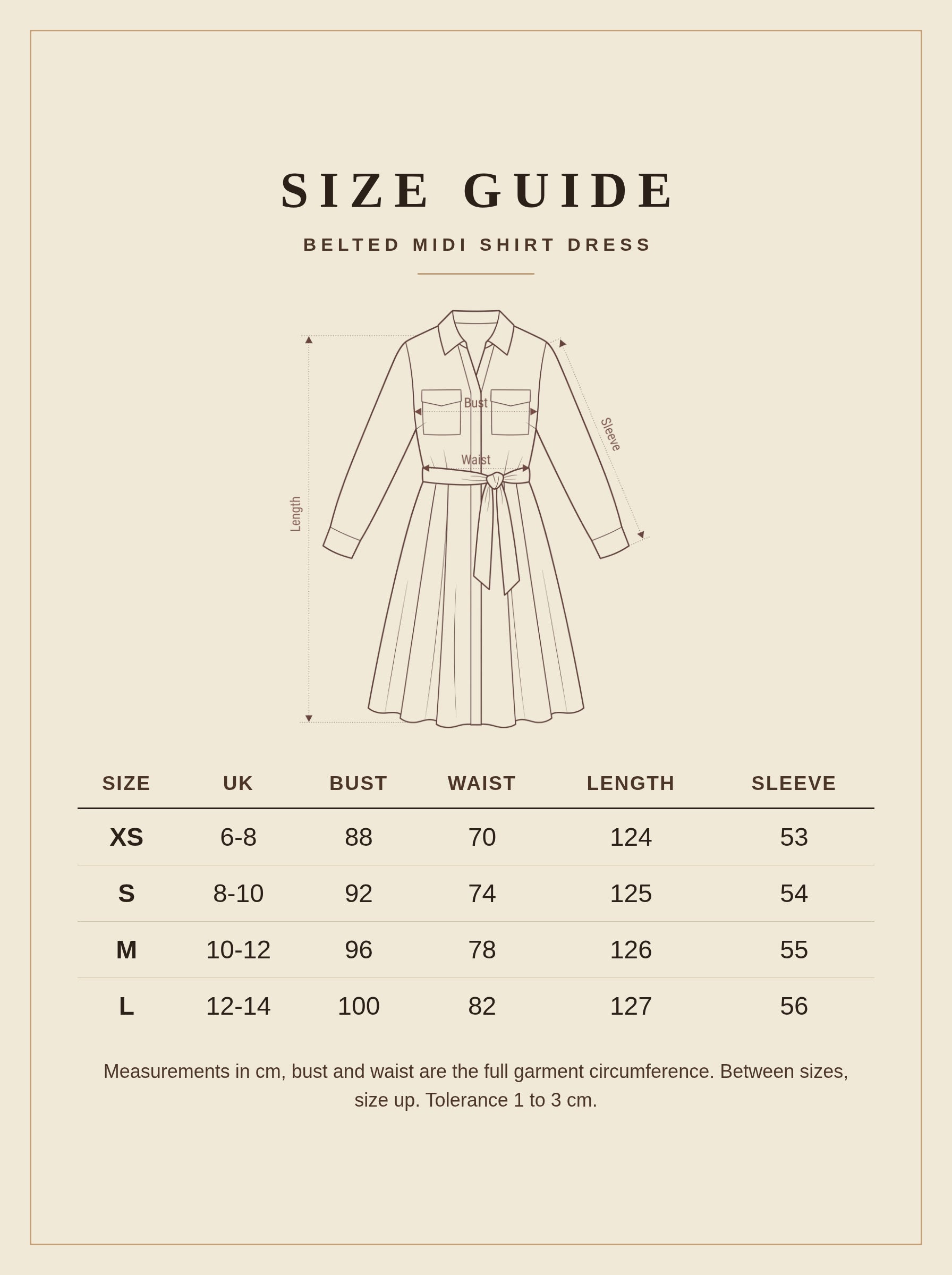 Size guide for the belted midi shirt dress
