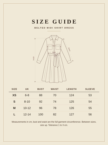 Size guide for the belted midi shirt dress