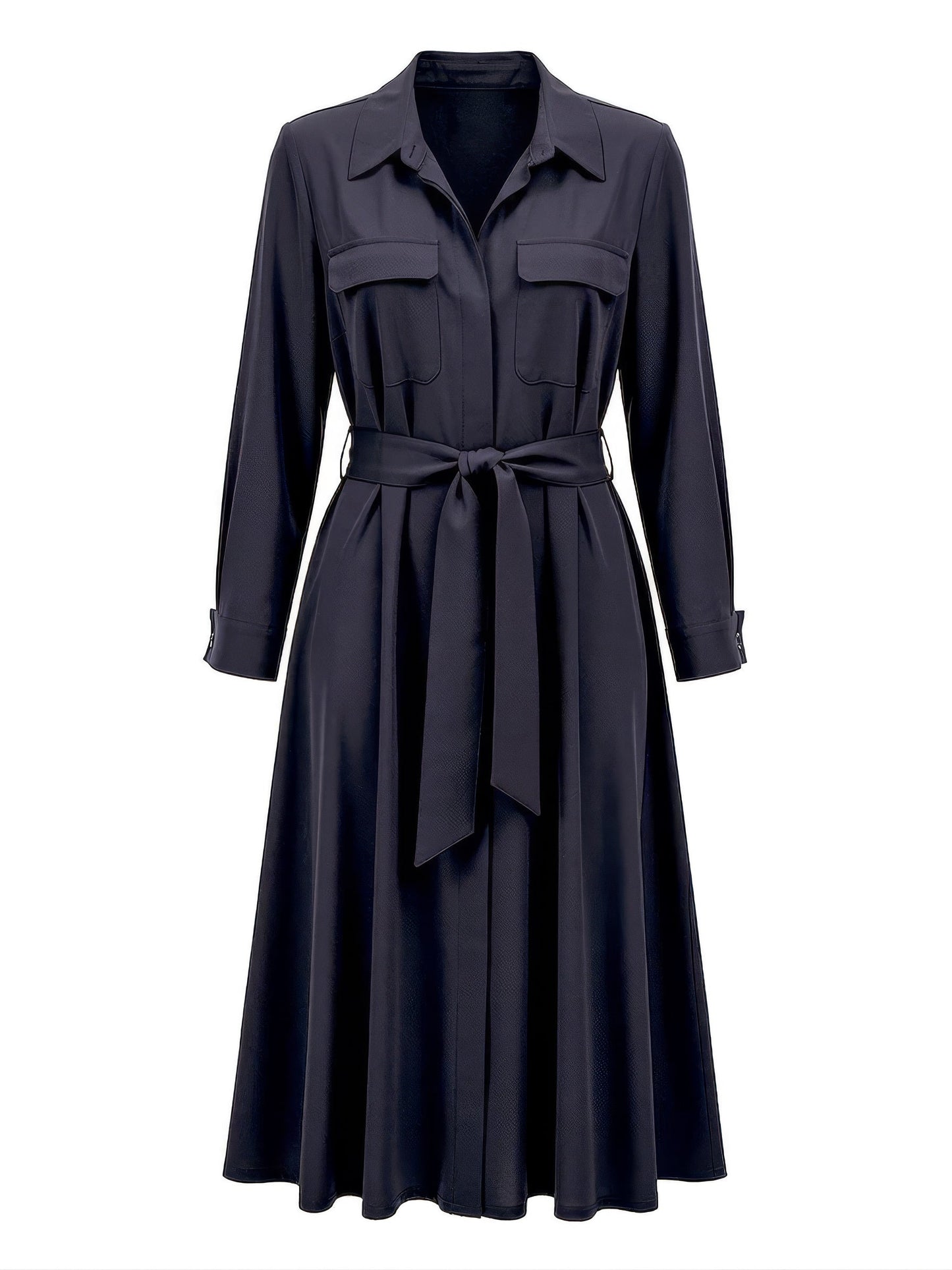 Belted shirt dress in navy, front view