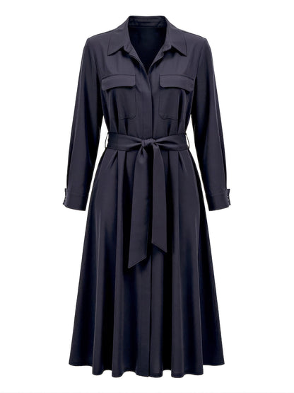 Belted shirt dress in navy, front view
