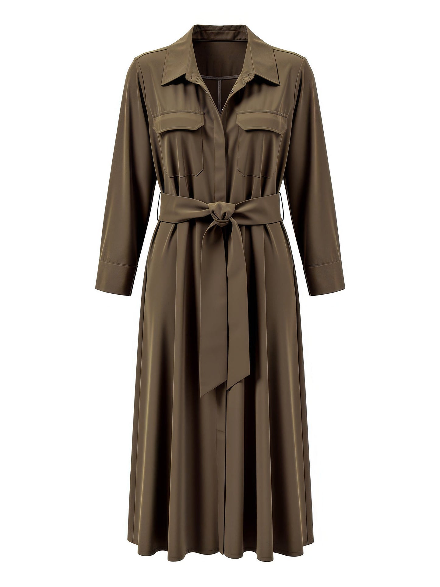 Belted shirt dress in walnut brown, front view