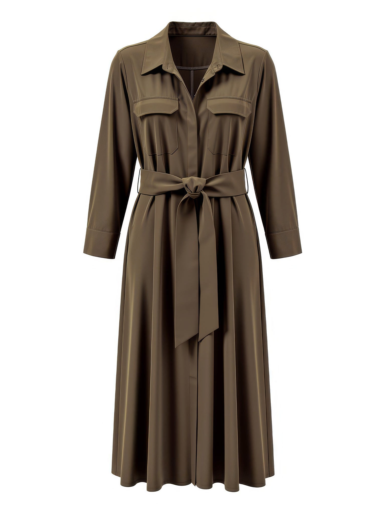 Belted shirt dress in walnut brown, front view