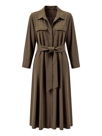 Belted shirt dress in walnut brown, front view