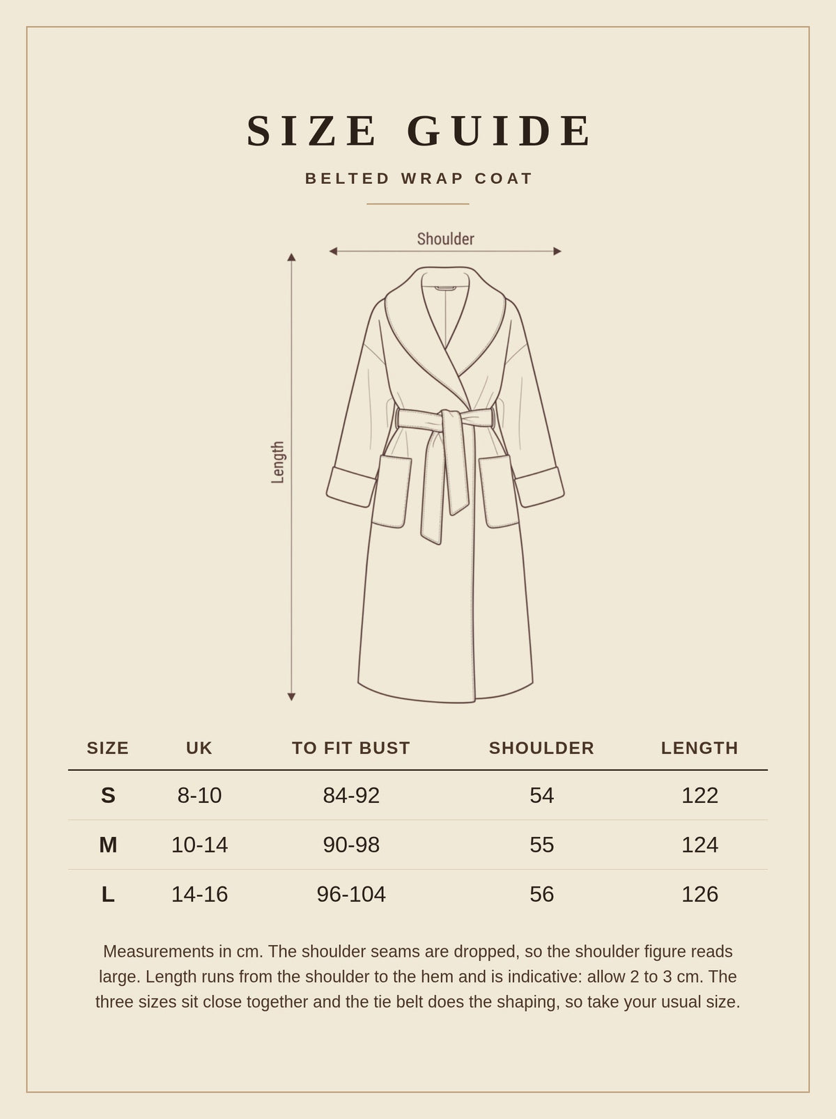 Size guide for the belted wrap coat, sizes S to L with UK size, to fit bust, shoulder and length in centimetres