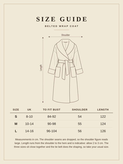 Size guide for the belted wrap coat, sizes S to L with UK size, to fit bust, shoulder and length in centimetres
