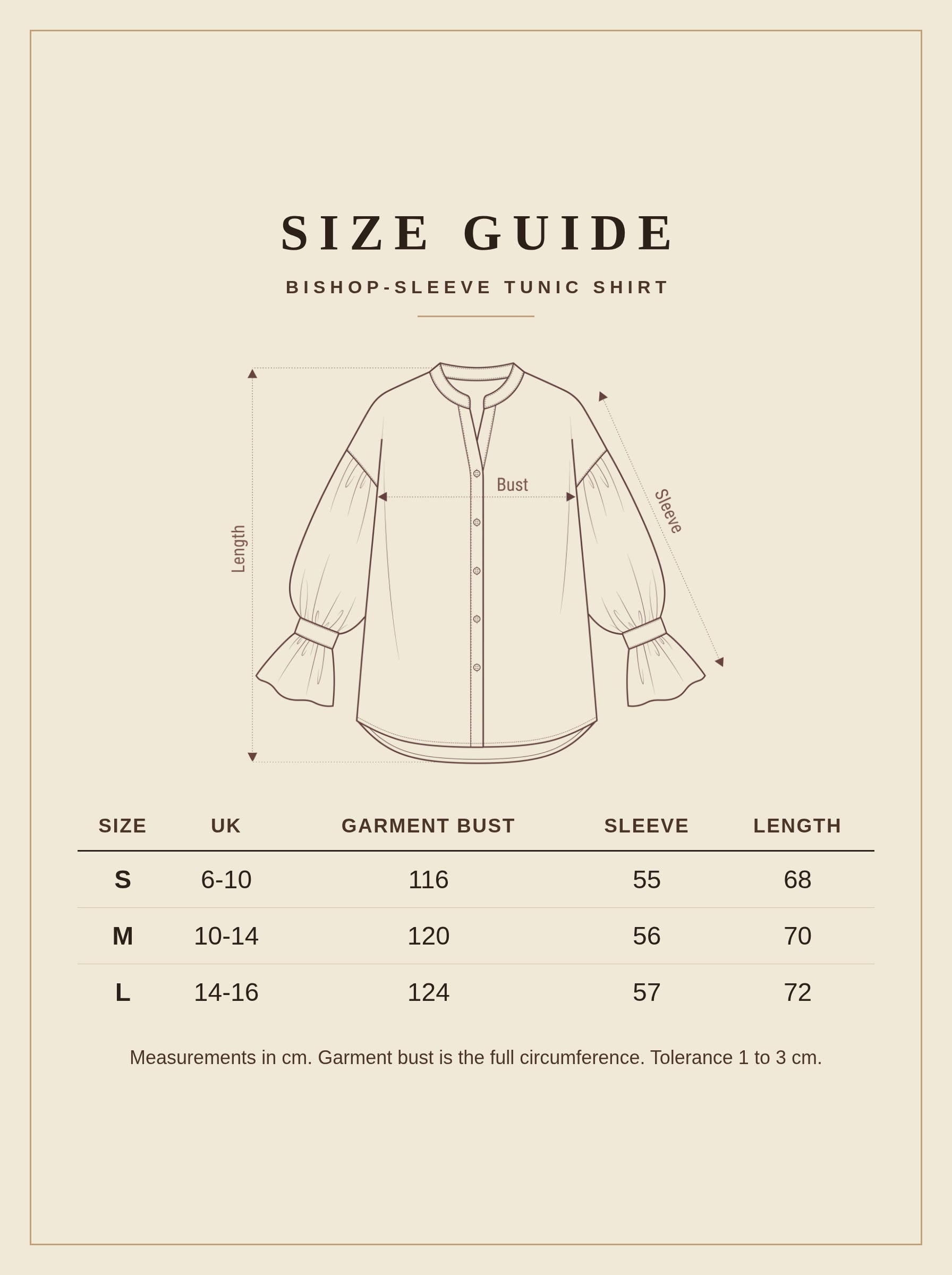 Size guide, bishop-sleeve tunic shirt, UK sizes S to L