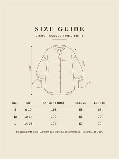 Size guide, bishop-sleeve tunic shirt, UK sizes S to L