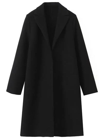Black coat laid flat, showing the full longline cut and the open edge to edge front