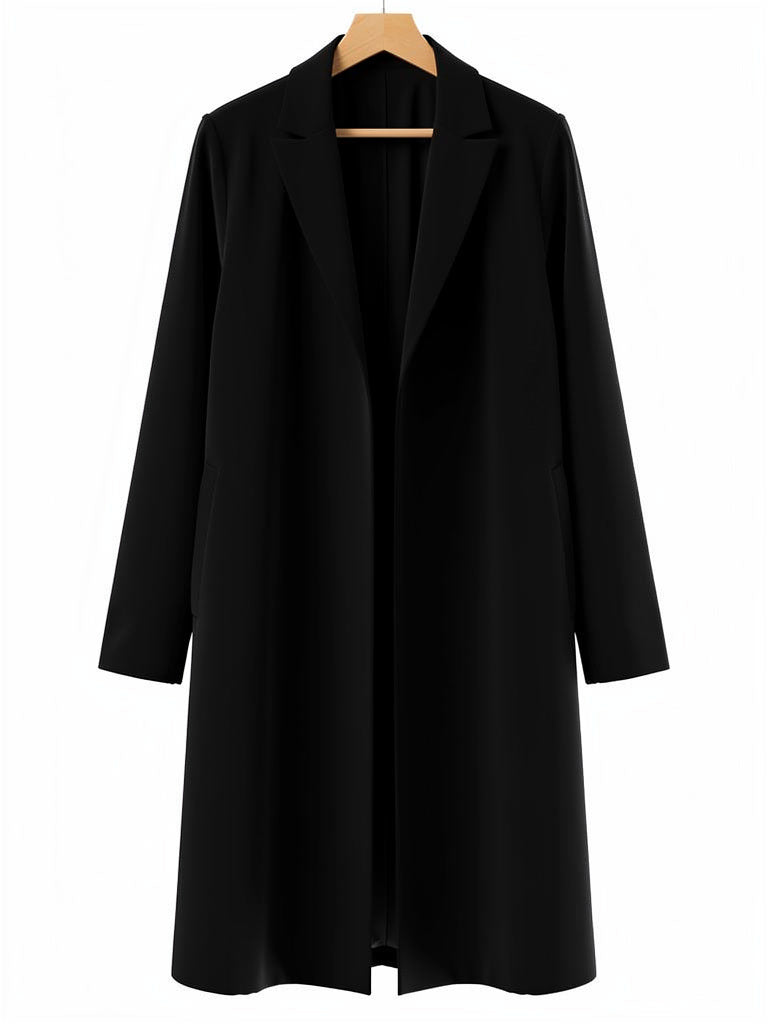 Black coat on a hanger, showing the notch lapel collar and the open edge to edge front