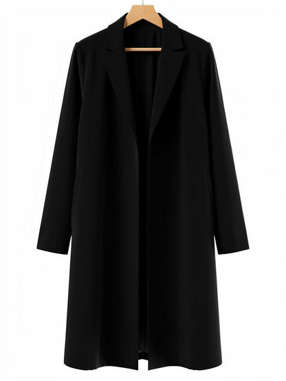Black coat on a hanger, showing the notch lapel collar and the open edge to edge front