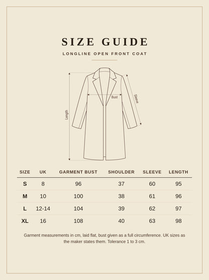 Size guide for the black longline open front coat, measurements in centimetres