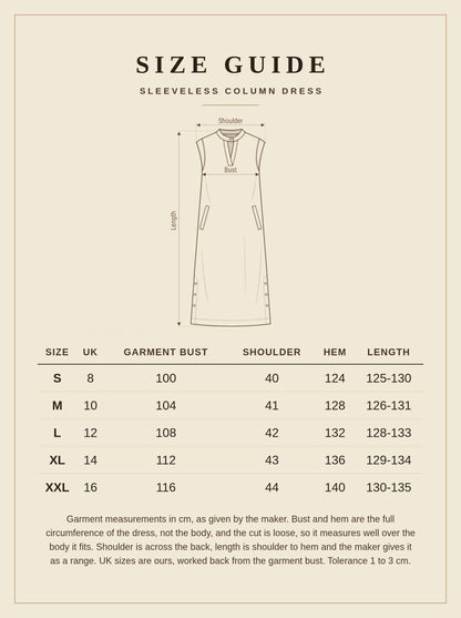 Size guide for the black column dress, garment measurements in centimetres