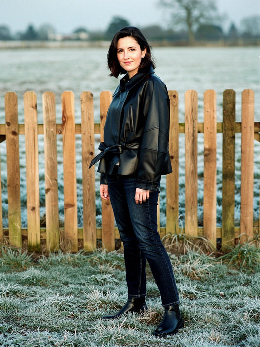 Womens black faux leather jacket worn belted over jeans beside a frosted chestnut paling fence