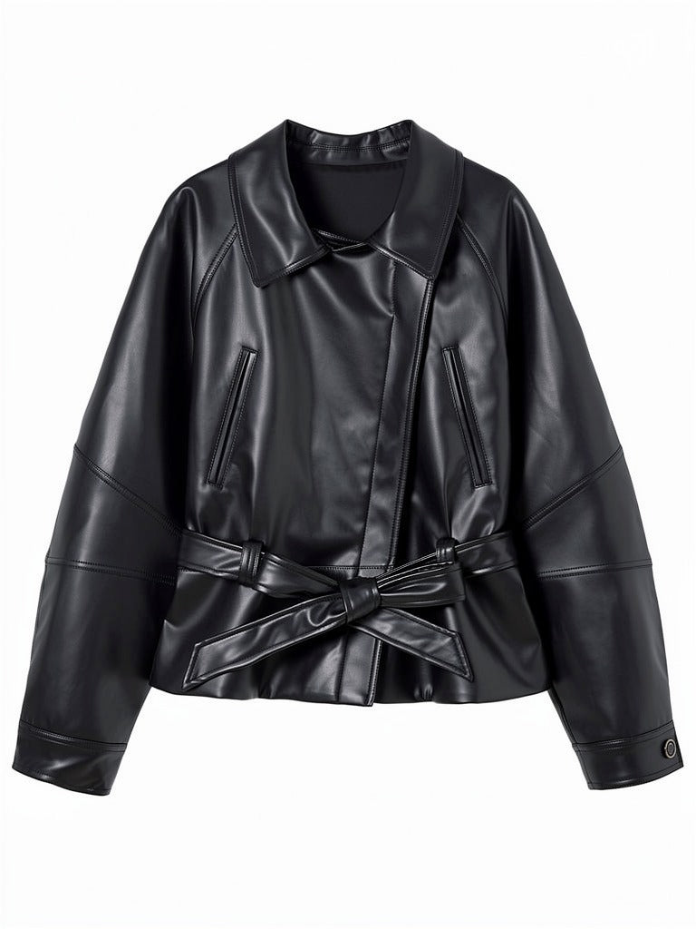 Black faux leather jacket packshot showing the tied belt, pointed collar and two welt pockets