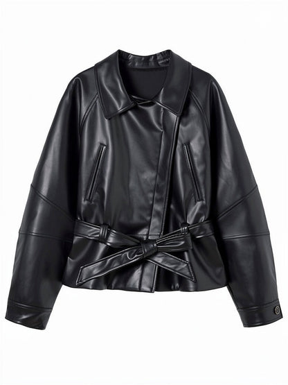 Black faux leather jacket packshot showing the tied belt, pointed collar and two welt pockets