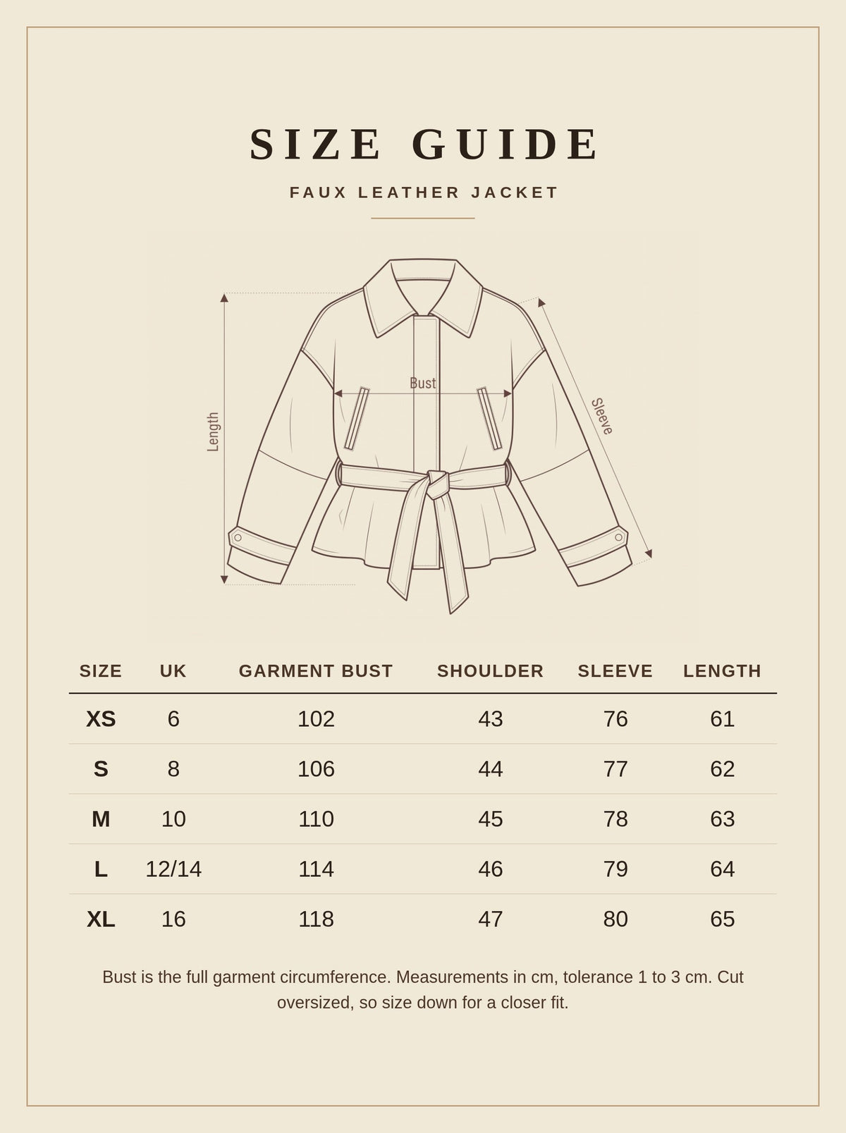 Size guide for the Salperton black faux leather jacket, UK 6 to 16, measurements in centimetres
