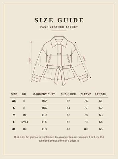 Size guide for the Salperton black faux leather jacket, UK 6 to 16, measurements in centimetres