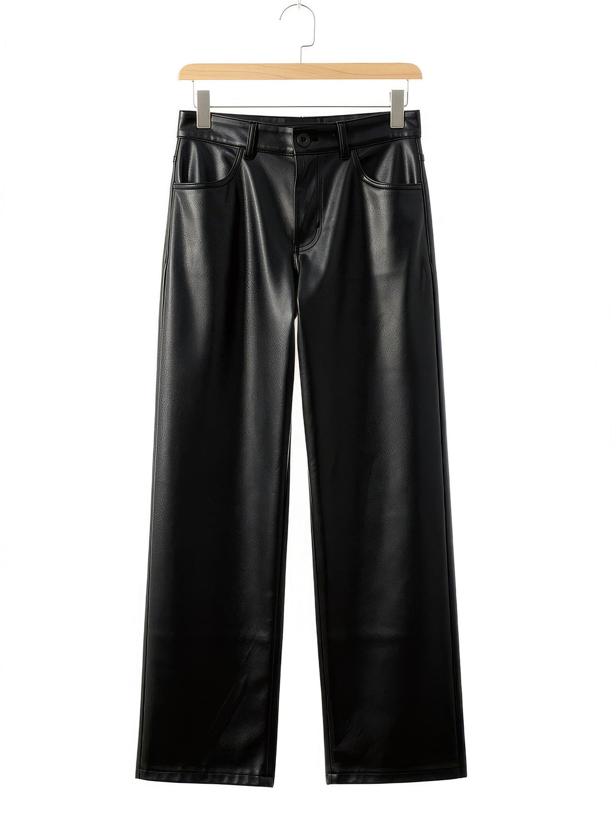 Black faux leather trousers in Pitch Black, front view on a hanger