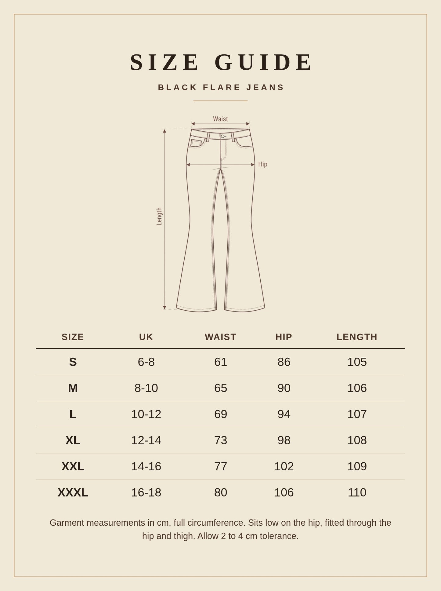 Black flare jeans size guide, waist hip and length in cm - Brackley