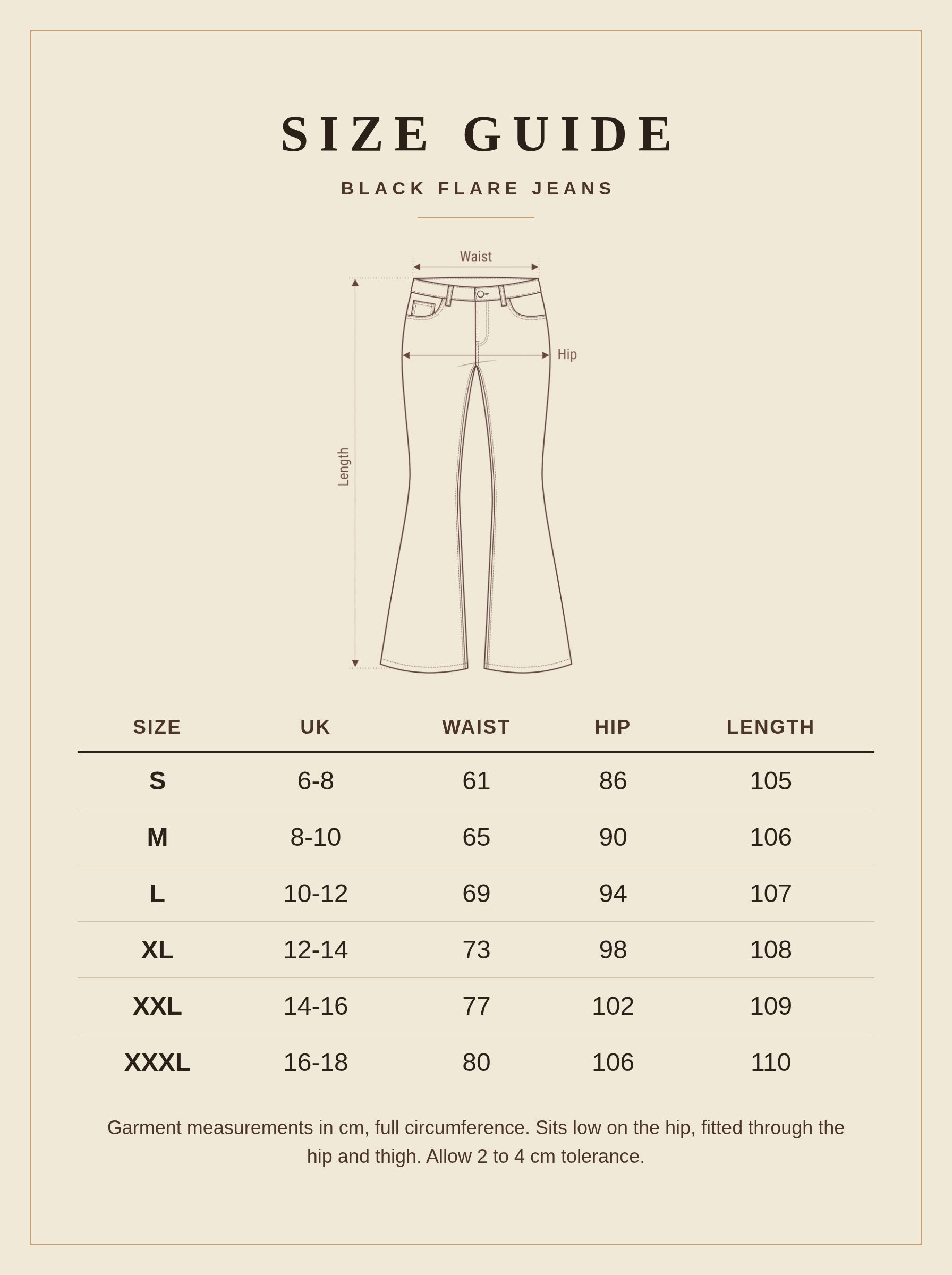 Black flare jeans size guide, waist hip and length in cm - Brackley