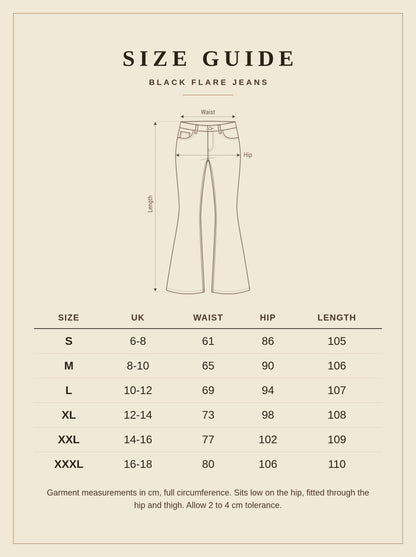 Black flare jeans size guide, waist hip and length in cm - Brackley