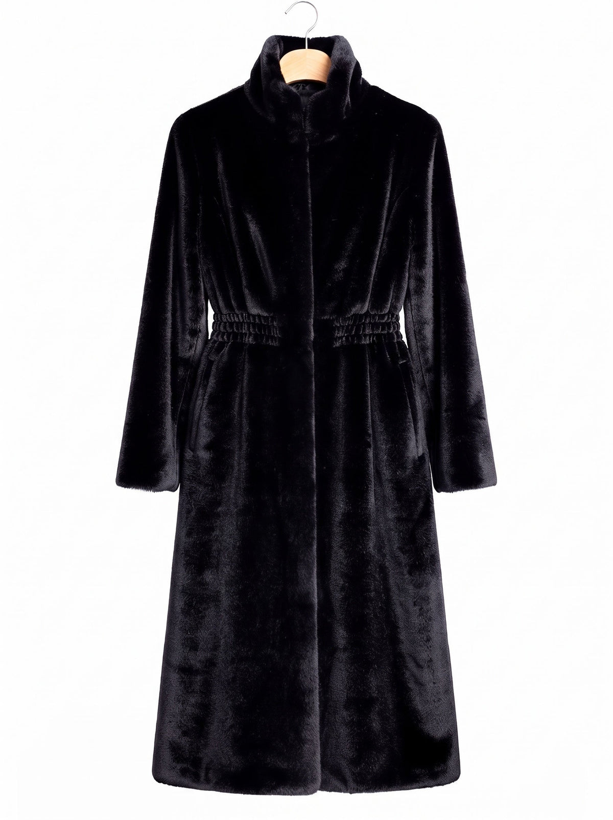 Black fluffy coat on a hanger, showing the mandarin stand collar and the full length faux fur cut