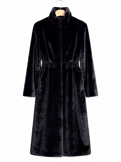 Black fluffy coat on a hanger, showing the mandarin stand collar and the full length faux fur cut