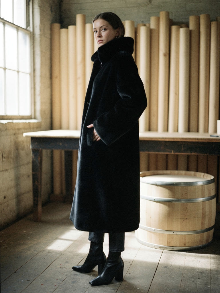Black fluffy coat seen from the side, showing the gathered waist and the hem falling at mid calf