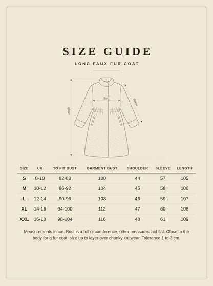 Size guide for the black fluffy coat, sizes S to XXL with bust, shoulder, sleeve and length in cm