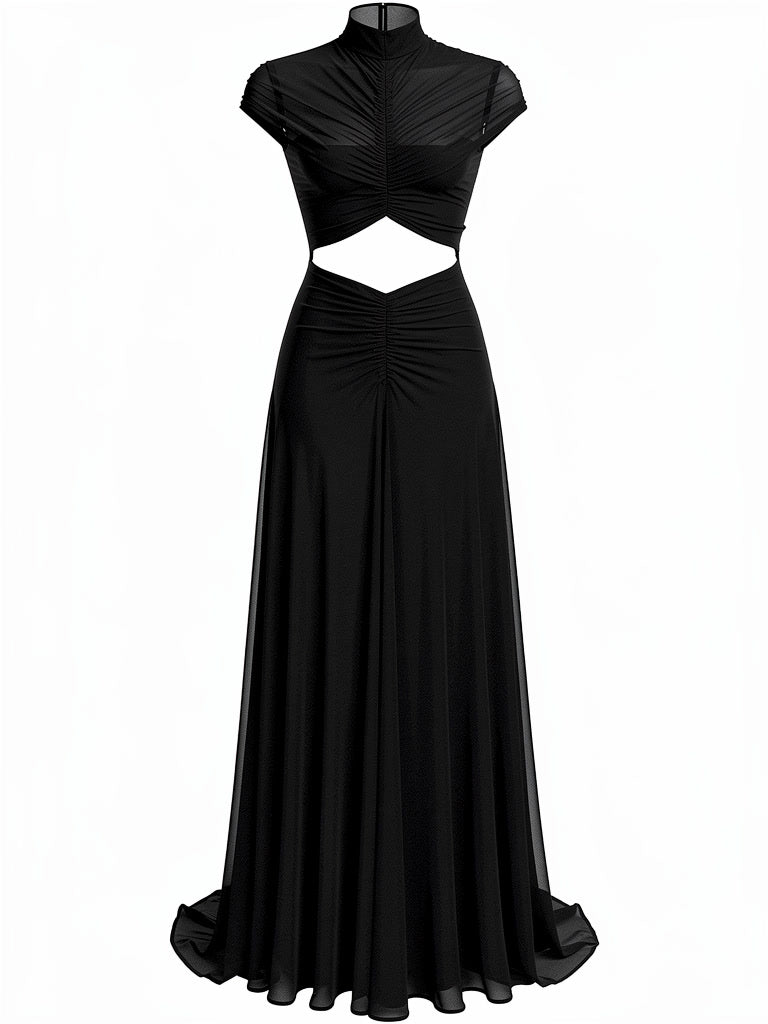 Black maxi dress packshot with a high funnel neck, ruched mesh bodice and cut-out waist