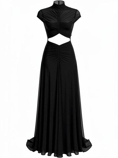 Black maxi dress packshot with a high funnel neck, ruched mesh bodice and cut-out waist