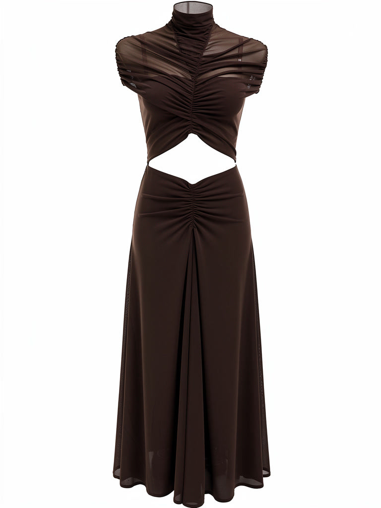 Chicory brown maxi dress packshot with a ruched mesh bodice and cut-out waist