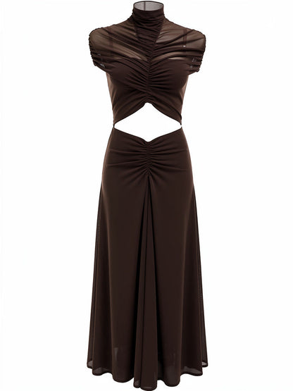 Chicory brown maxi dress packshot with a ruched mesh bodice and cut-out waist