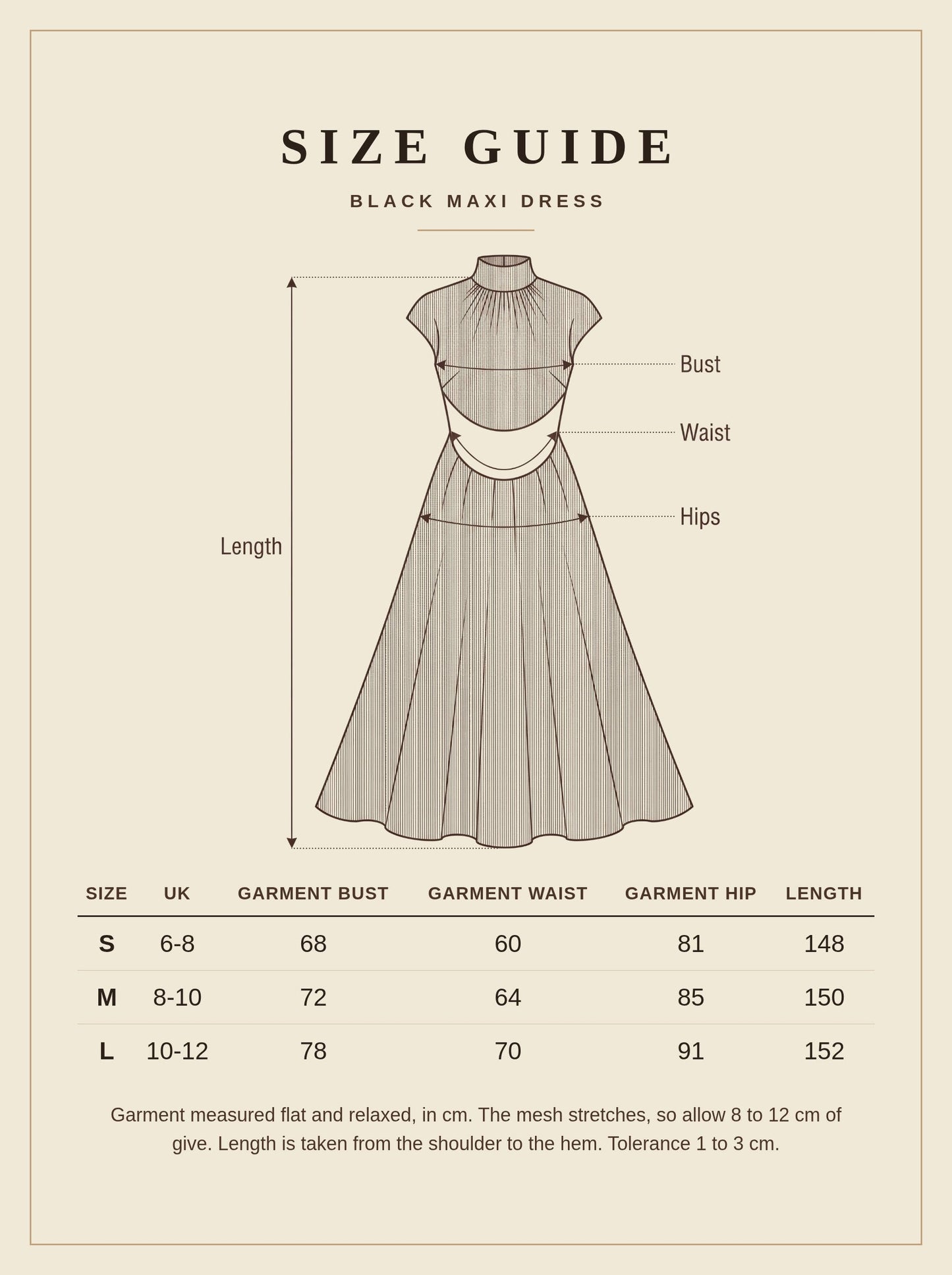 Size guide for the Calverley black maxi dress, sizes S to L