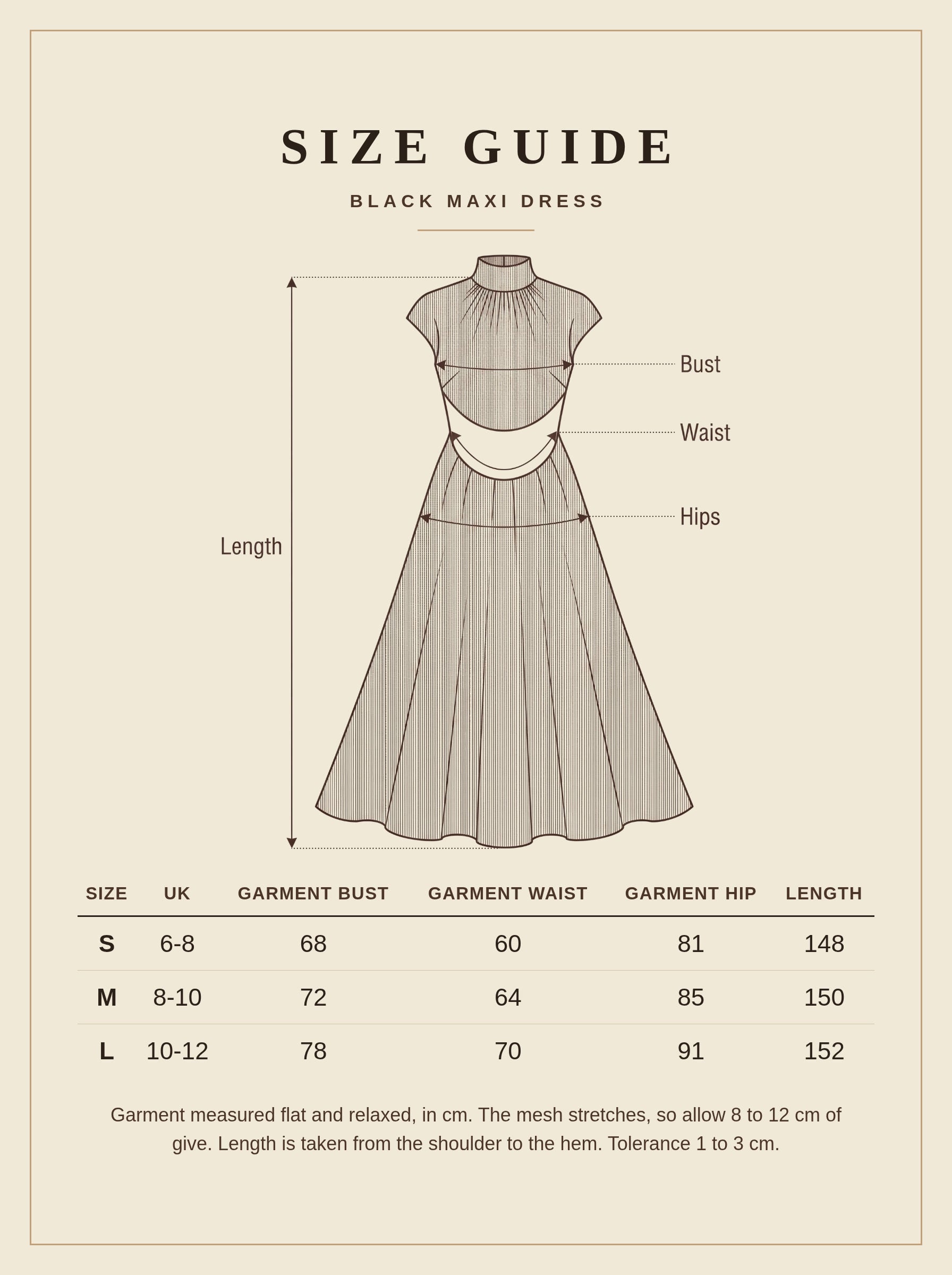 Size guide for the Calverley black maxi dress, sizes S to L