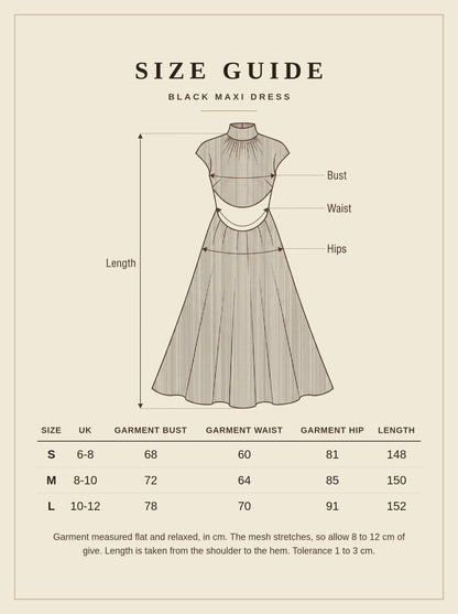 Size guide for the Calverley black maxi dress, sizes S to L