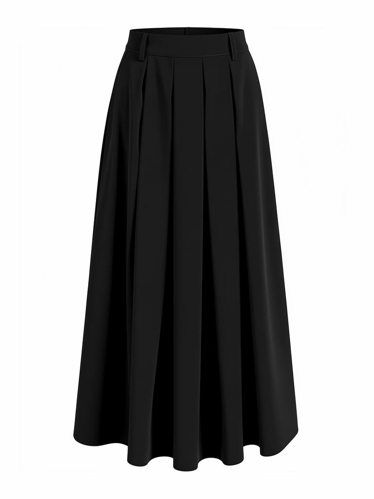 Black midi skirt in ebony, front view, flat waistband with belt loops and deep box pleats