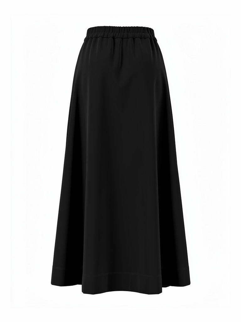 Back of the black midi skirt, plain and unpleated with an elasticated gathered waistband
