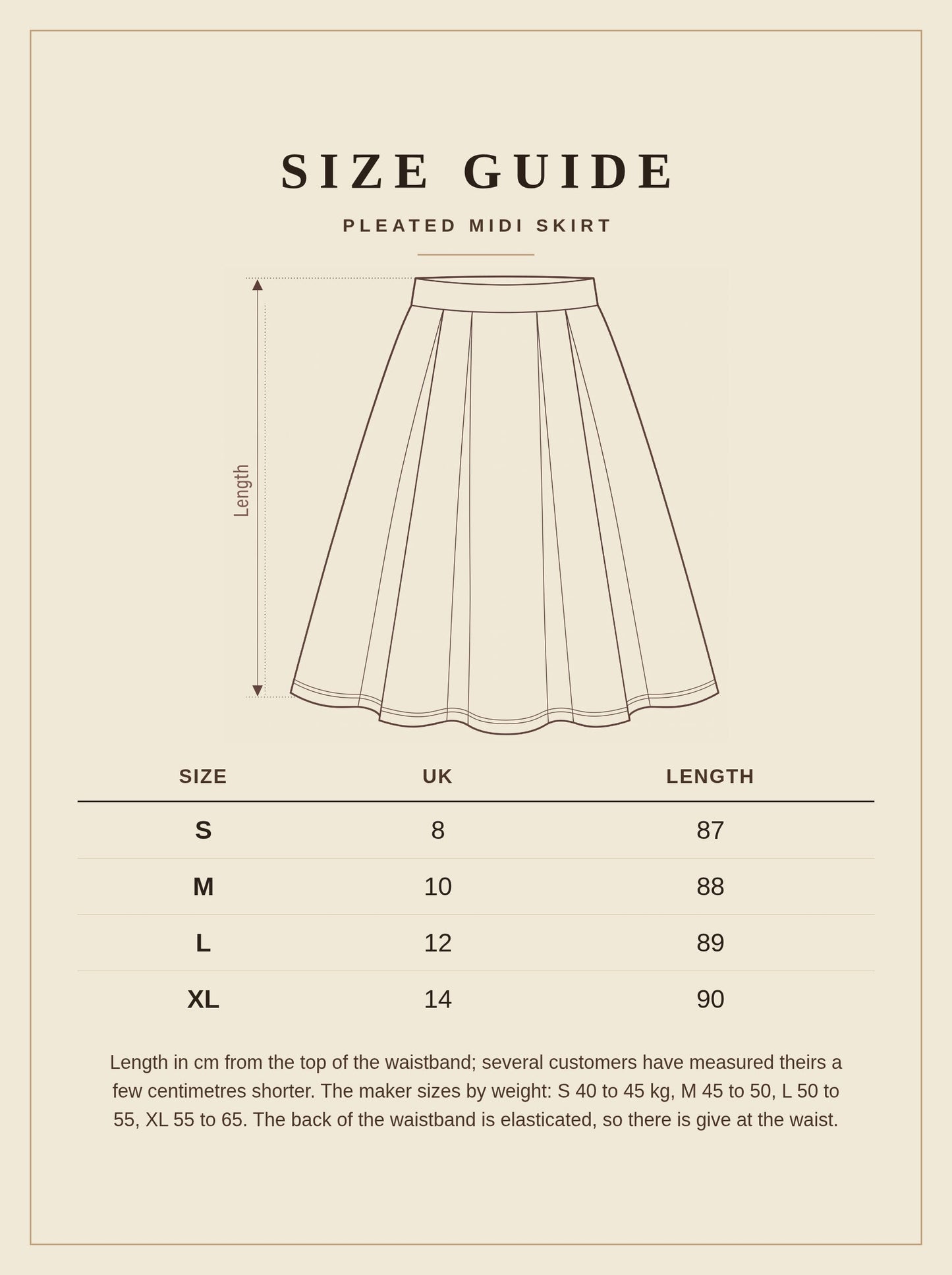 Size guide for the black midi skirt, sizes S to XL, UK 8 to 14