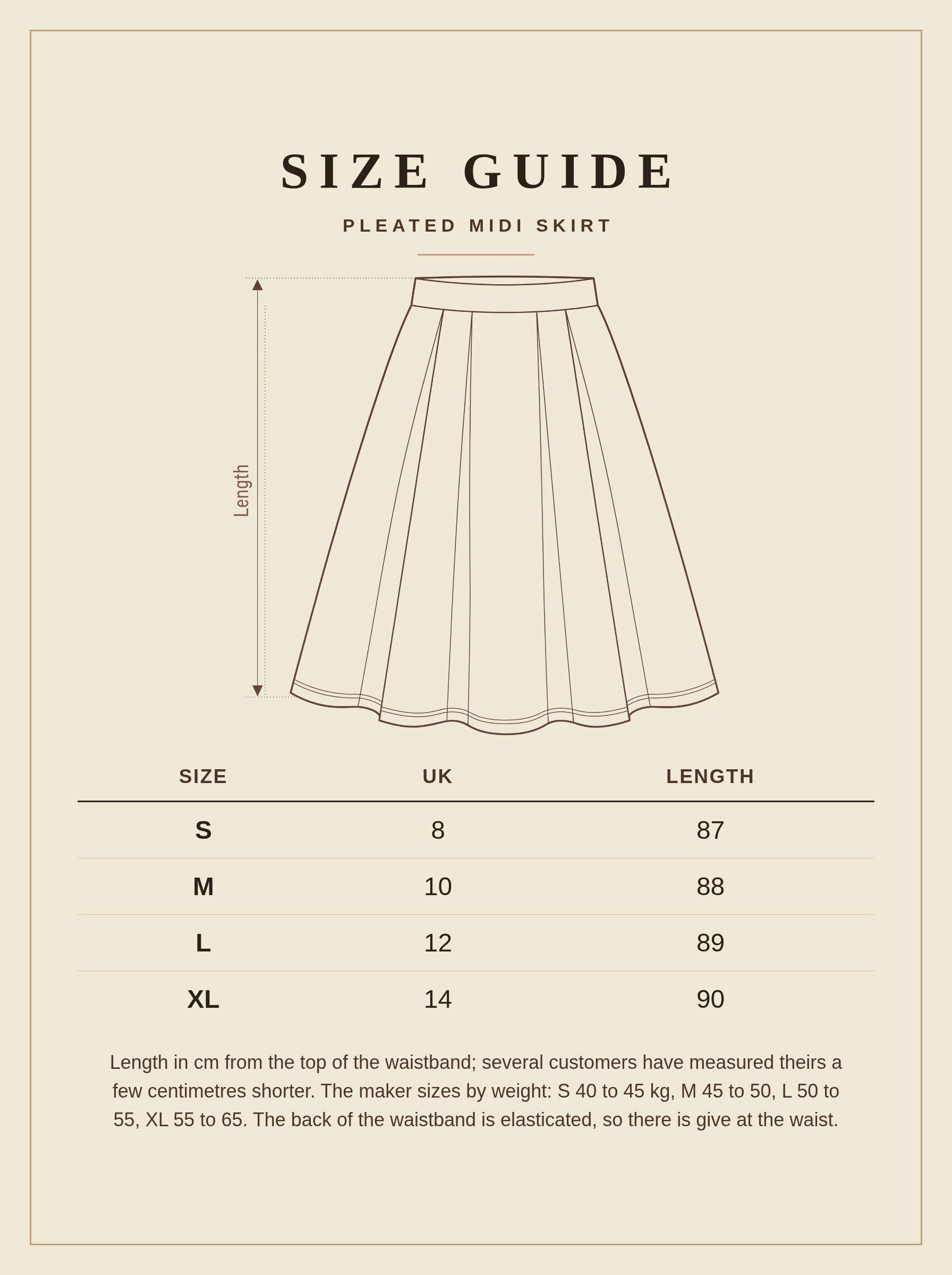 Size guide for the black midi skirt, sizes S to XL, UK 8 to 14