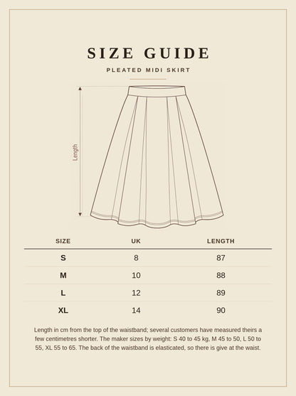 Size guide for the black midi skirt, sizes S to XL, UK 8 to 14