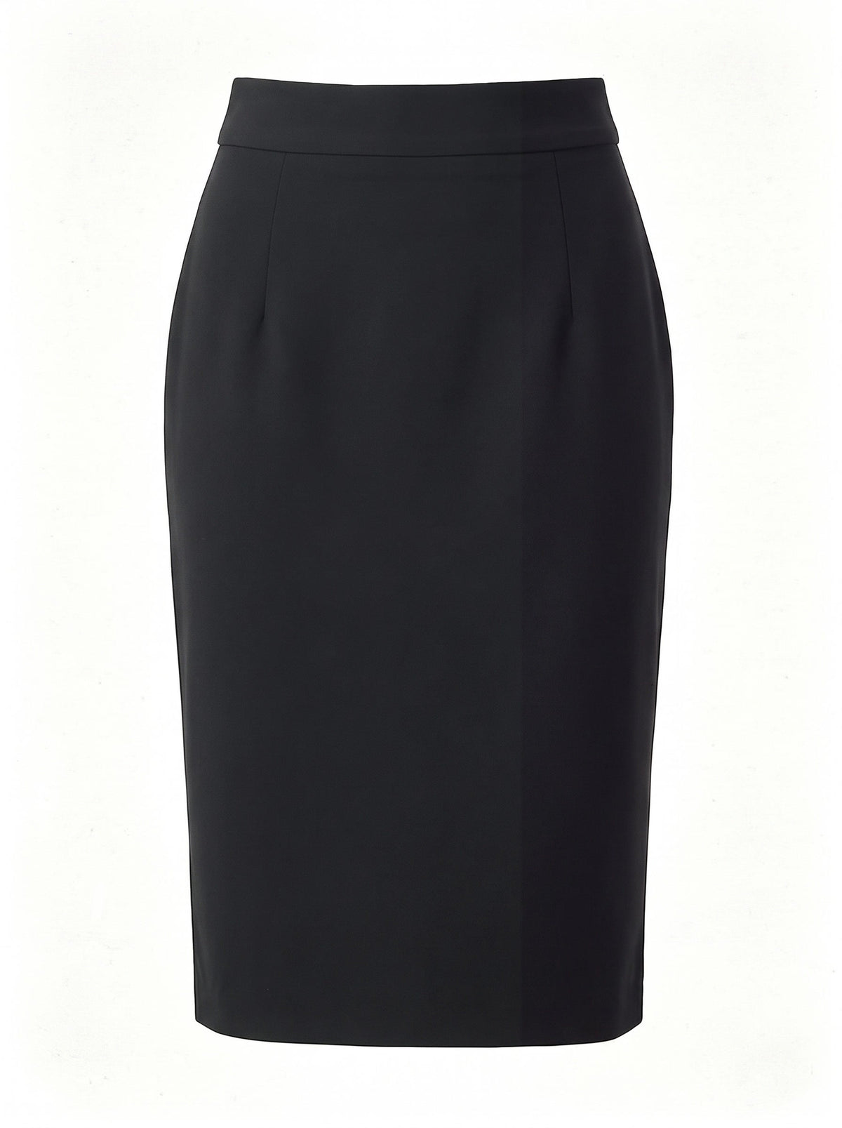 Black pencil skirt with a deep high rise waistband, front view, Aylworth by Harlbury