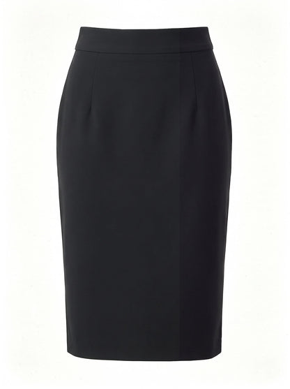 Black pencil skirt with a deep high rise waistband, front view, Aylworth by Harlbury