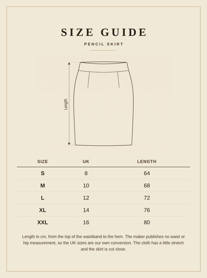 Size guide for the Aylworth black pencil skirt, UK 8 to UK 16