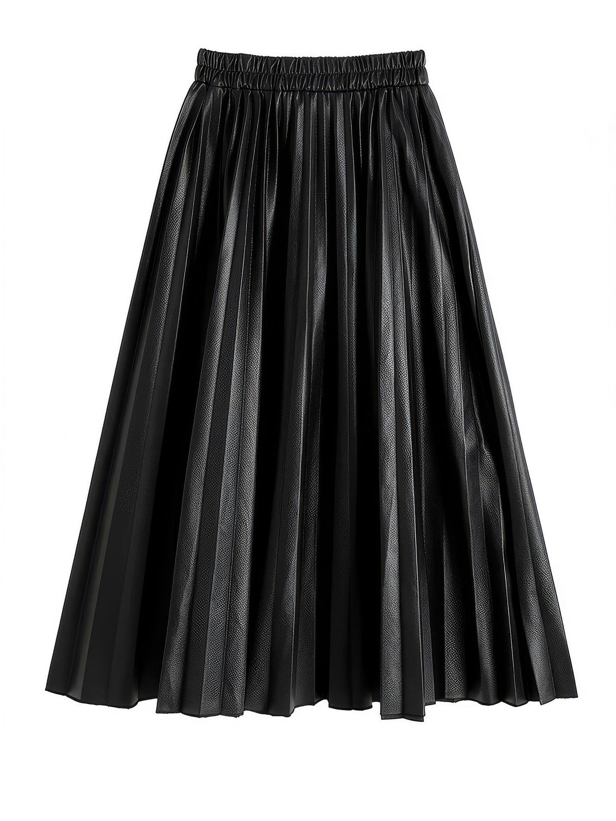 Black pleated skirt in faux leather, Rook, shown front on against a white studio background so the gathered elastic waistband and the knife pleats are visible